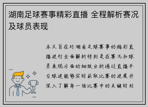湖南足球赛事精彩直播 全程解析赛况及球员表现